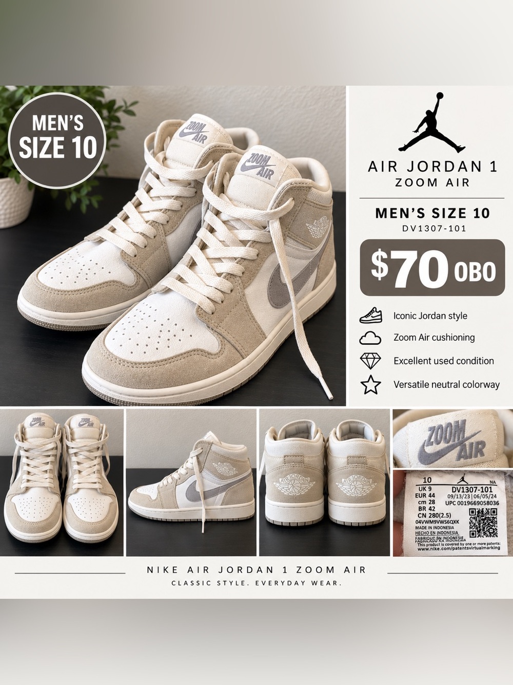 Jordan Air Jordan 1 Zoom Air Men’s Sneakers — Cream/Light Gray